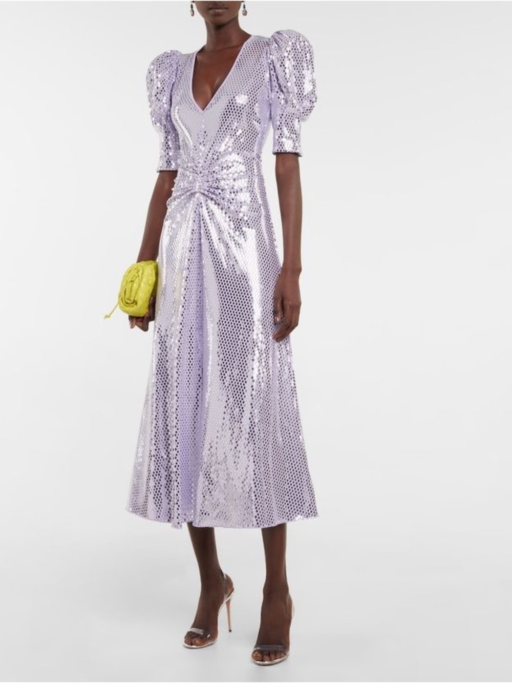 NWT ROTATE Birger Christensen Sierina Sequin Puff Sleeve Ruched Dress Lavender 0